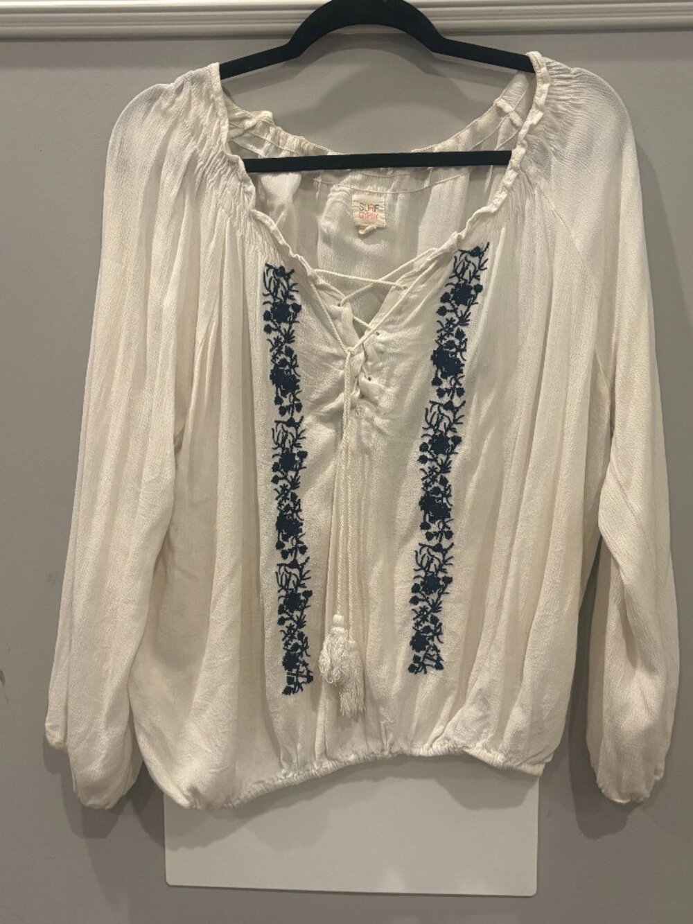 Surf Gypsy Women's White Embroidered Boho Blouse Top Size M